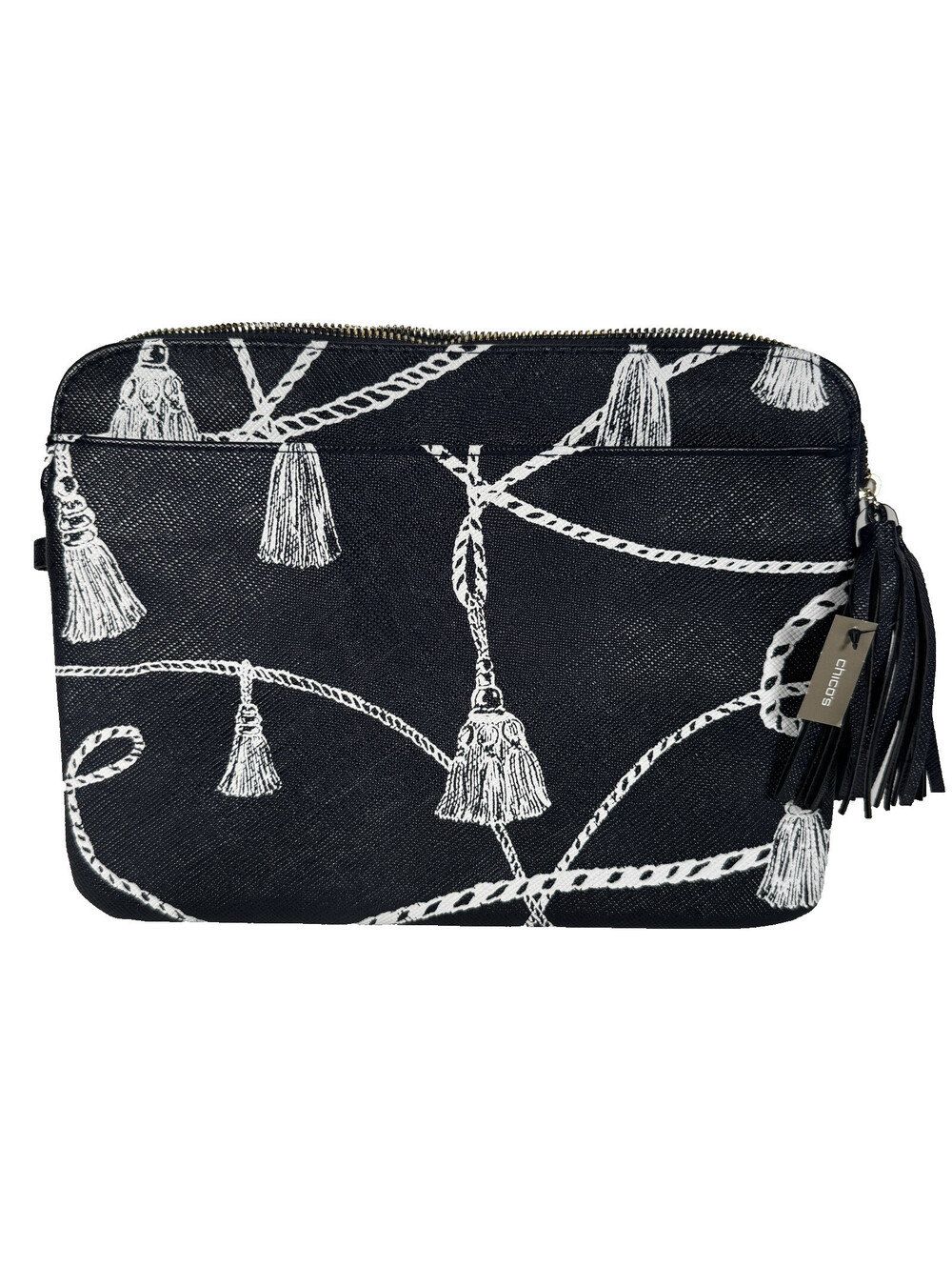 CHICO'S Black Navy Blue Tassel Cosmetic Travel Tablet Tech Handbag Clutch